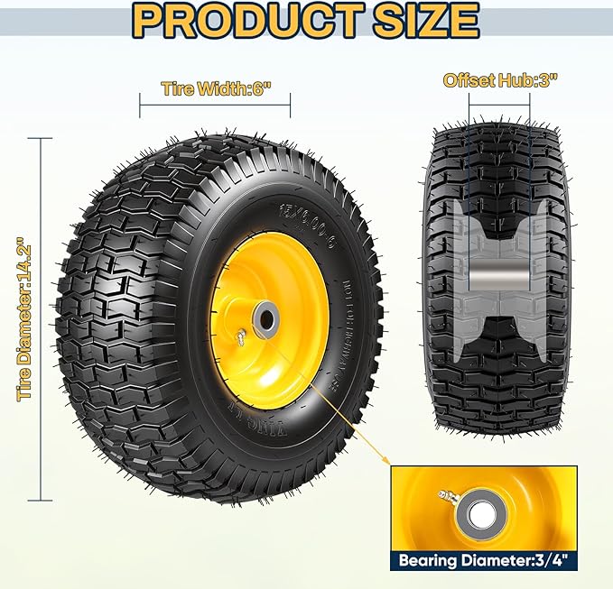 15x6.00-6 Lawn Mower Tire and Wheel, Replacement for John Deere Craftsman Husqvarna Riding Mowers, 4 Ply Tubeless Lawn Mower Tires 15x6x6, 500lbs Capacity, 3" Offset Hub, 3/4" Bushing, 2 Pack