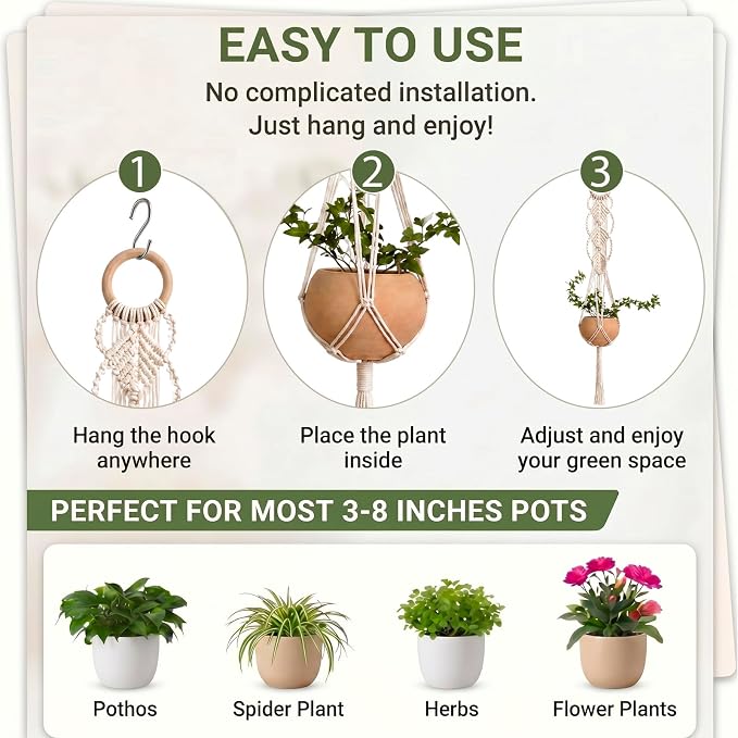 Shappy 1 Pack Boho Macrame Plant Hanger, Large Hanging Planter Plant Holder Pot Hanger Hanging Basket Wall Planters, Plants Lover Gift for Indoor Garden (Wooden Ring Macrame,Cream)