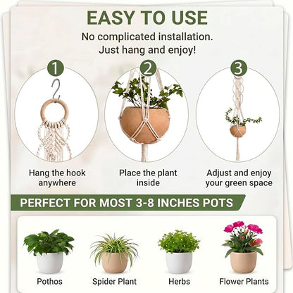 Shappy 1 Pack Boho Macrame Plant Hanger, Large Hanging Planter Plant Holder Pot Hanger Hanging Basket Wall Planters, Plants Lover Gift for Indoor Garden (Wooden Ring Macrame,Cream)