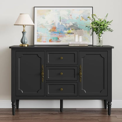 RoyalCraft Buffet Cabinet with 2 Doors & 3 Drawers, Vintage Sideboard with Storage, Painted Coffee Bar Table with Solid Wood Legs, Ideal for Kitchen, Living Room, Dining Room, Black
