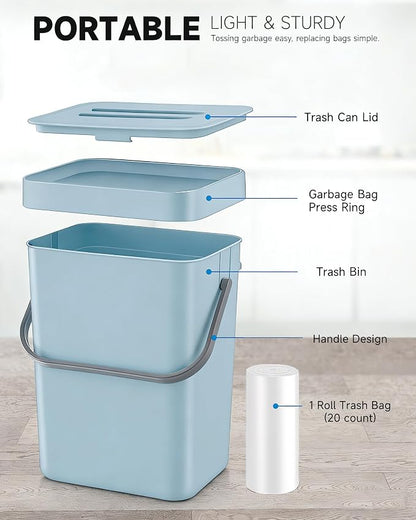 1.3 Gallon Small Trash Can with Lid - Countertop Food Waste Bin, Kitchen Hanging Trash Can for Cabinet Door/Under Sink, Small Garbage Can for Desk, 5L(Subtle Blue)