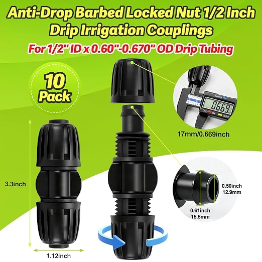 1/2 Inch Drip Irrigation Coupling Fittings, 10 Pieces Barbed Locked Coupler Connectors for 1/2 Inch Irrigation Tubing (1/2" ID x 0.670" OD) Anti-leak Straight Coupling for Garden Drip Systems