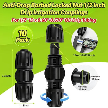 1/2 Inch Drip Irrigation Coupling Fittings, 10 Pieces Barbed Locked Coupler Connectors for 1/2 Inch Irrigation Tubing (1/2" ID x 0.670" OD) Anti-leak Straight Coupling for Garden Drip Systems