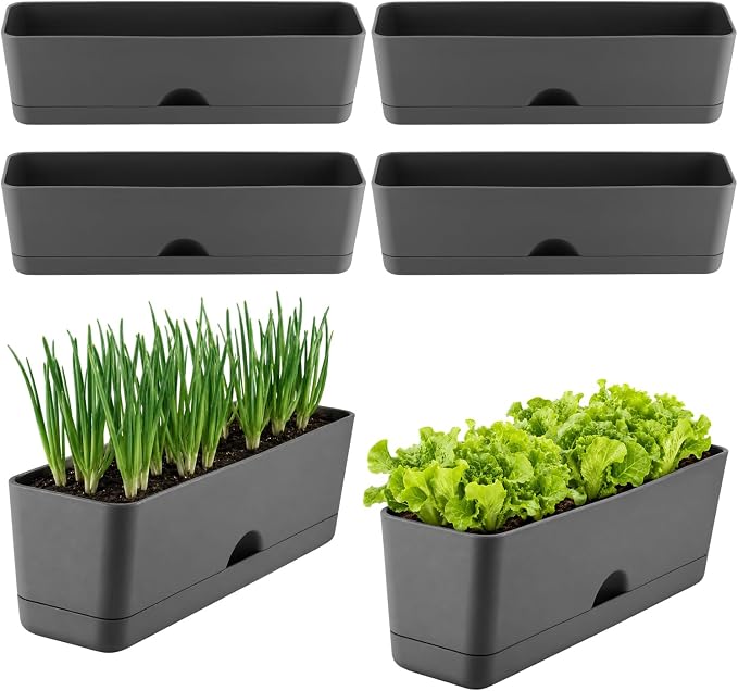 6 Pack Rectangle Planter 16x4.4 Inch Window Boxes Planters Rectangular Window Sill Planters Indoor Self Watering Plant Pots with Drainage Holes and Saucers Succulent Herb Flower Pots, Dark Grey