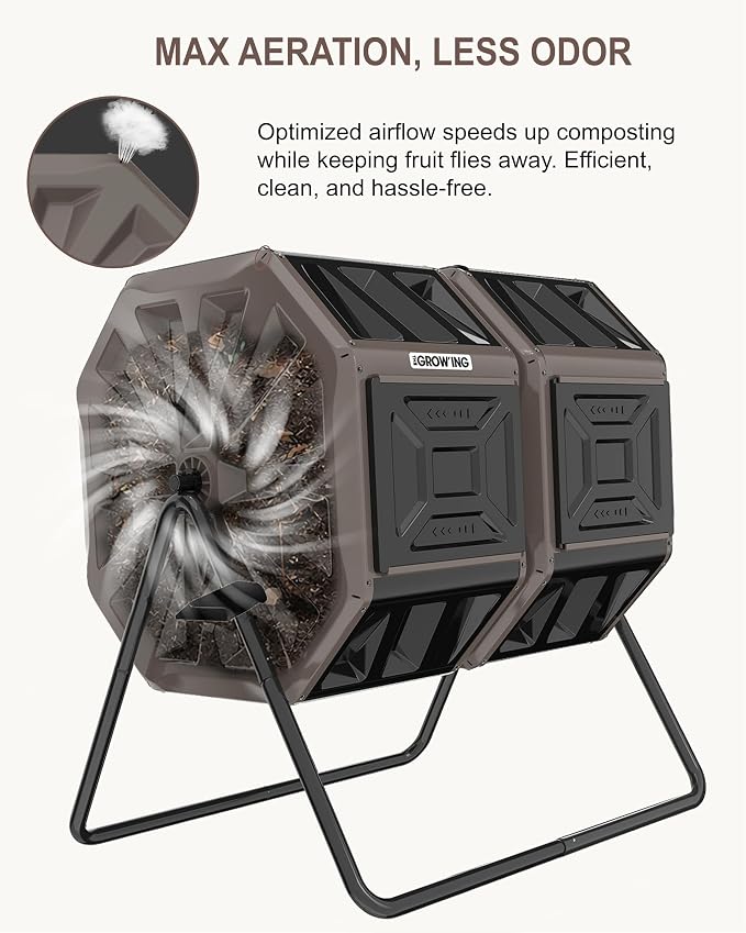 THE Growing 53 Gallon Large Outdoor Compost Bin Tumbler Barrel, Brown | Dual 26.5gal landscape-blending chambers for bulk waste. Reinforced frame adds stability. Easy bolt outdoor yard assembly.
