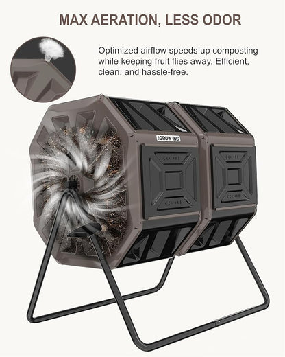 THE Growing 53 Gallon Large Outdoor Compost Bin Tumbler Barrel, Brown | Dual 26.5gal landscape-blending chambers for bulk waste. Reinforced frame adds stability. Easy bolt outdoor yard assembly.