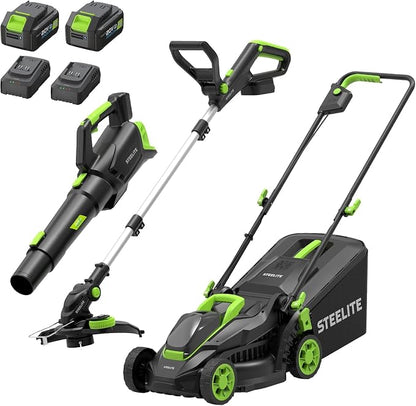 STEELITE Cordless Lawn Mower, String Trimmer & Leaf Blower Combo, 21V Brushless Lawn Care Kit with 2 x 4.0Ah Batteries & 2 Chargers, 13-Inch Battery Powered Mulching Mower for Small Yards