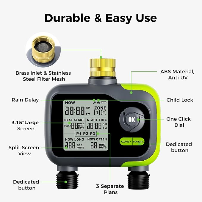 Sprinkler Timer, Watering Timer for Garden Hose, 2 Outlets Programmable Hose Timers with Rain Delay, Outdoor Soaker Auto & Manual Drip Irrigation Controller System for Lawn Yard Greenhouse