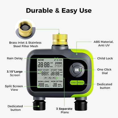Sprinkler Timer, Watering Timer for Garden Hose, 2 Outlets Programmable Hose Timers with Rain Delay, Outdoor Soaker Auto & Manual Drip Irrigation Controller System for Lawn Yard Greenhouse