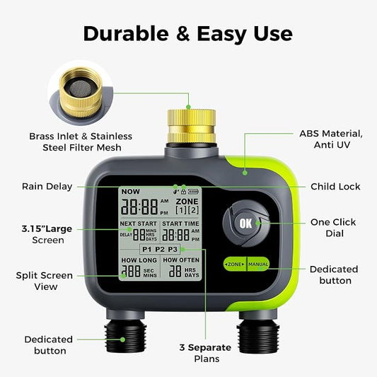 Sprinkler Timer, Watering Timer for Garden Hose, 2 Outlets Programmable Hose Timers with Rain Delay, Outdoor Soaker Auto & Manual Drip Irrigation Controller System for Lawn Yard Greenhouse