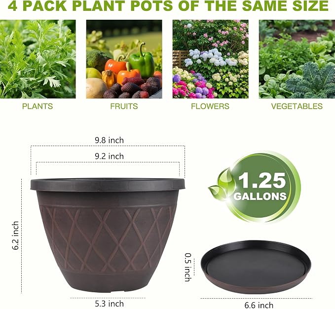 4 Pack 10 Inch Plant Pot, Planter Pots with Drainage Holes & Saucers, Modern Plaid Pattern Planters Garden Pots for Herbs, Decorative Plastic Flower Pots for Outdoor Indoor Home Plants (Brown)