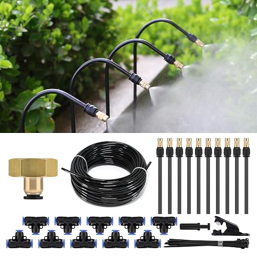 30FT Drip Irrigation System, Complete Garden Watering Kit with Rust-Proof Copper Nozzles - UV Stabilized Flexible Hose for Lawn, Greenhouse, Patio Plants