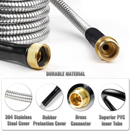 SheeChung Garden Hose 10ft x 5/8",Metal Garden Hose Extension Adapter for Hose Reel Faucet,Lightweight & Leakproof Leader Hose for Outdoor Yard,Heavy Duty 304 Stainless Steel Water Pipe,Male to Female