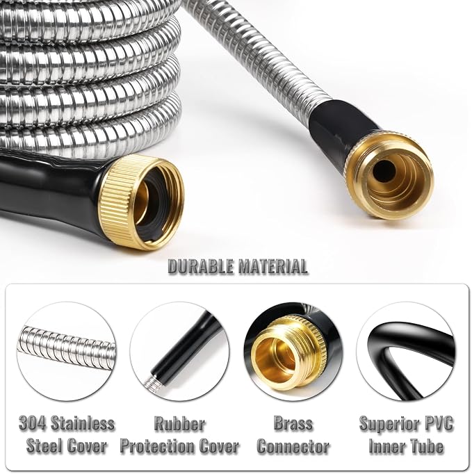 SheeChung Garden Hose 15ft x 5/8",Metal Garden Hose Extension Adapter for Hose Reel Faucet,Lightweight & Leakproof Leader Hose for Outdoor Yard,Heavy Duty 304 Stainless Steel Water Pipe,Male to Female