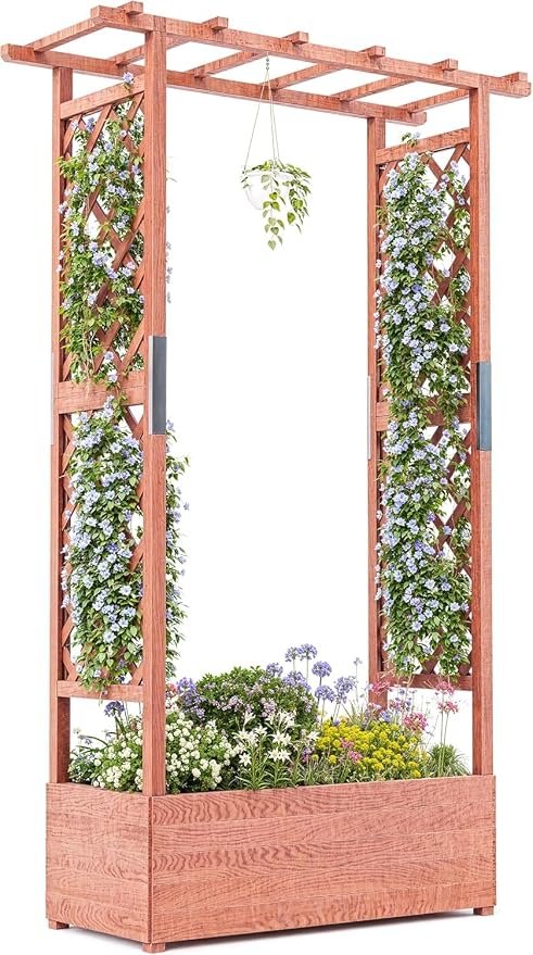 Garvee Raised Garden Bed with Trellis & Hanging Roof, Wood Planter Box with Bottom and Drainage Holes, Freestanding Garden Planter for Flower Vegetable Fruit Herb Climbing Vines, 43“x17“x72“