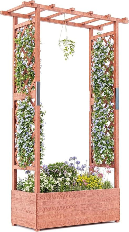 Garvee Raised Garden Bed with Trellis & Hanging Roof, Wood Planter Box with Bottom and Drainage Holes, Freestanding Garden Planter for Flower Vegetable Fruit Herb Climbing Vines, 43“x17“x72“