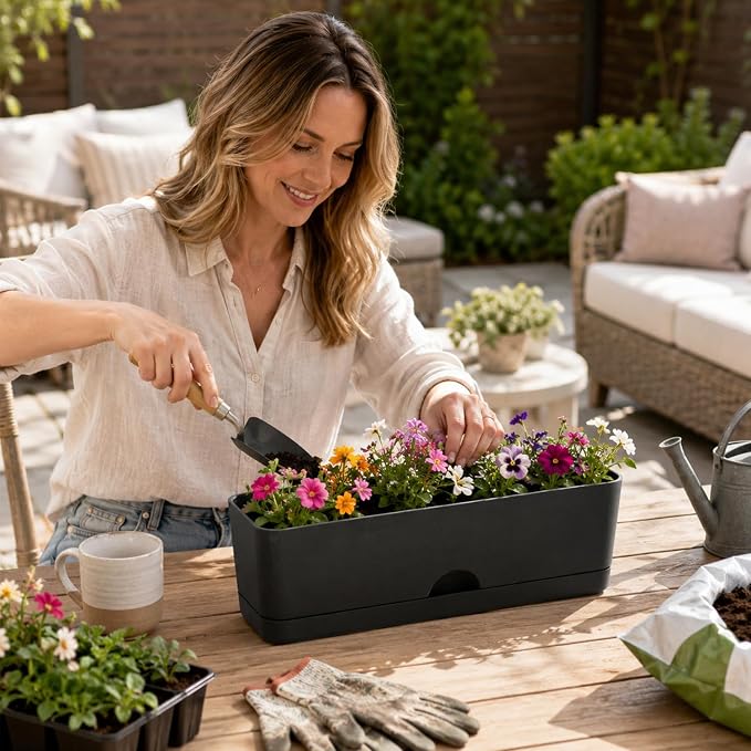 6 Pack Rectangle Planter 16x4.4 Inch Window Boxes Planters Rectangular Window Sill Planters Indoor Self Watering Plant Pots with Drainage Holes and Saucers Succulent Herb Flower Pots, Black