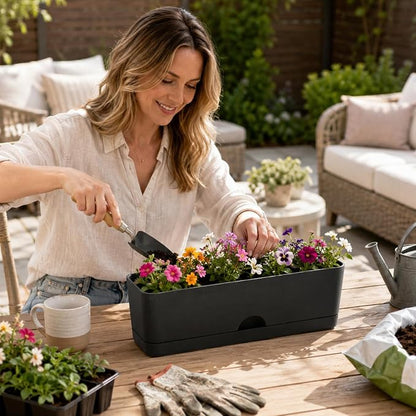6 Pack Rectangle Planter 16x4.4 Inch Window Boxes Planters Rectangular Window Sill Planters Indoor Self Watering Plant Pots with Drainage Holes and Saucers Succulent Herb Flower Pots, Black