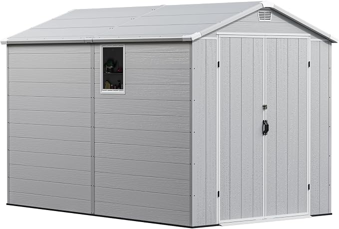 Greesum 6x10FT Plastic Outdoor Storage Shed with Floor, Resin Storaged Sheds with Lockable Double Door, Windows & Vents, All-Weather Tool Sheds for Patio, Garden, Backyard, Light Gray