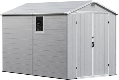 Greesum 6x10FT Plastic Outdoor Storage Shed with Floor, Resin Storaged Sheds with Lockable Double Door, Windows & Vents, All-Weather Tool Sheds for Patio, Garden, Backyard, Light Gray