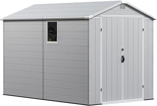 Greesum 6x10FT Plastic Outdoor Storage Shed with Floor, Resin Storaged Sheds with Lockable Double Door, Windows & Vents, All-Weather Tool Sheds for Patio, Garden, Backyard, Light Gray