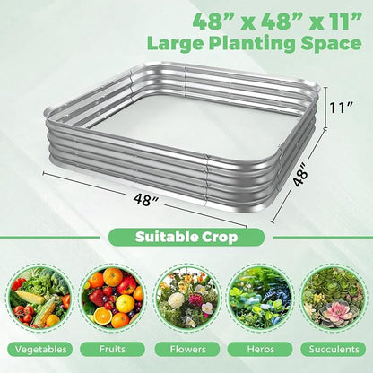 Galvanized Raised Garden Bed, 4x4x1ft Garden Planter Bed Outdoor, Heavy Duty Rustproof Steel Raised Bed Kit for Gardening Vegetables Fruits Flowers Grow, Silver