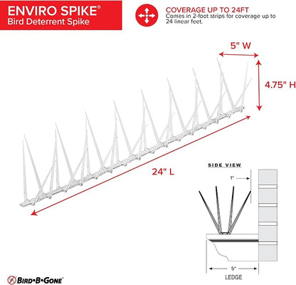 Bird B Gone - EnviroSpike Plastic Anti Bird Spikes (24' Kit) - Humane Deterrent - Stops Pigeons & Birds from Roosting - UV-Stabilized Polycarbonate - for Rooftops, Ledges, Fences, Etc - Made in USA
