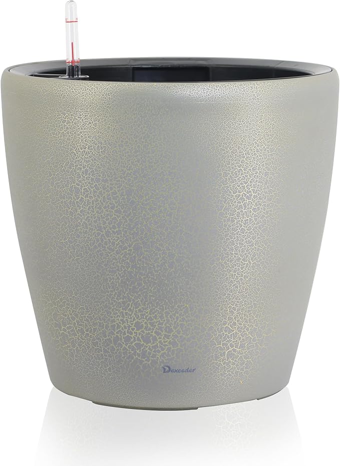 Dexceder 13x12 Self Watering Planter with Wheels (Grey Gold Crackle) | Inner Pot Design, Thickened Large Floor Standing Flower Plant Pot with Water Level Indicator Indoor Outdoor