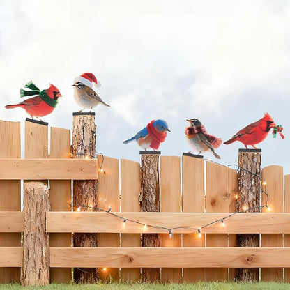 HUYIENO 5PCS Vibrant Metal Bird Decorations Christmas Fence Decor Colorful Garden Birds for Fences, Patio & Outdoor Decor for Christmas Ornament