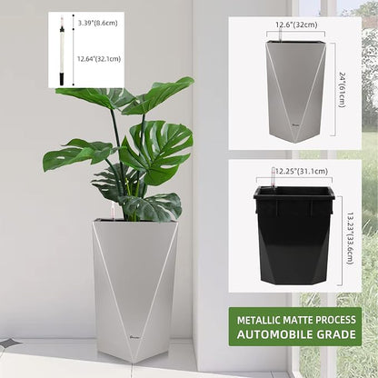 Dexceder 24 Inches Self Watering Tall Planter (Gray) | Diamond Metallic Matte, Thickened Rhombus Large Floor Standing Flower Plant Pot with Water Level Indicator Indoor Outdoor