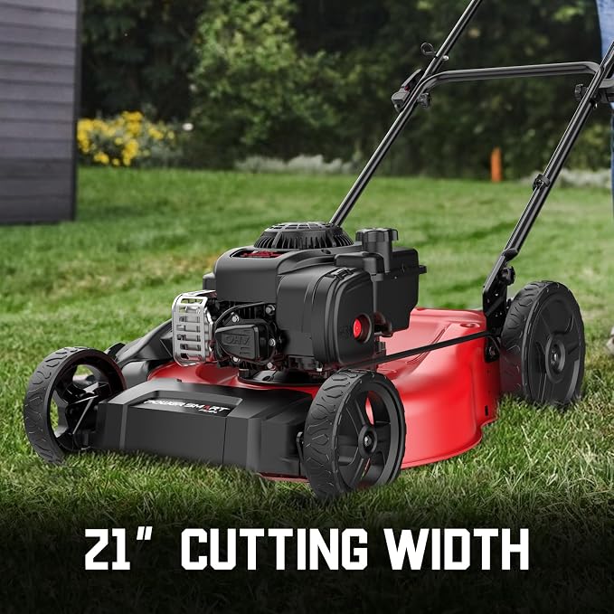 PowerSmart 21 in. Gas Lawn Mower with 125cc Briggs and Stratton E300 Engine, 2-in-1 Push Mower with Mulching & Side-Discharge, 6-Point Height of Cut