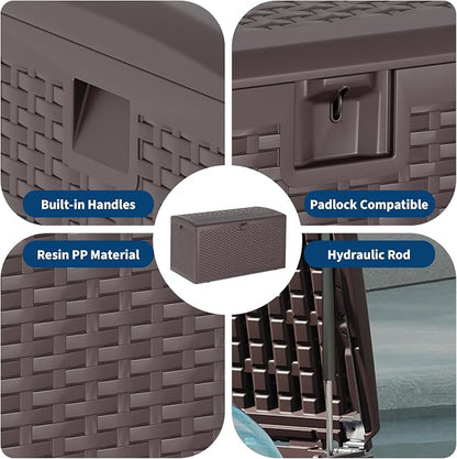 120 Gallon Waterproof Large Resin Deck Box Indoor Outdoor, Lockable Storage Container for Patio Furniture Cushions, Throw Pillows, Garden Tools, and Pool Floats, Brown