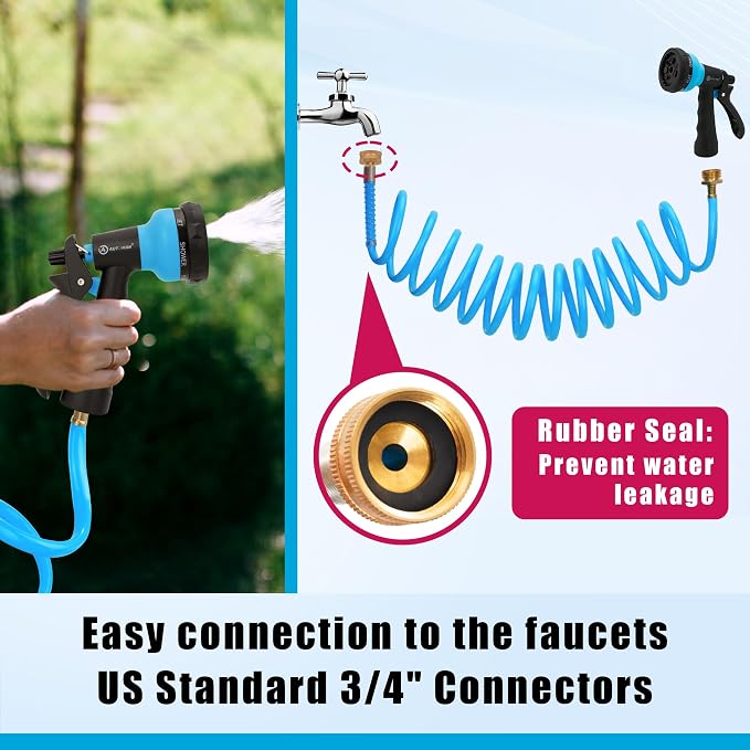 AUTOMAN Coil Garden Hose 15 ft, EVA Curly Water Hose with Brass Connectors, Recoil Garden Water Hose,Includes 7-Pattern Function Sprayer,Retractable,Corrosion Resistant Garden Coil Hose.