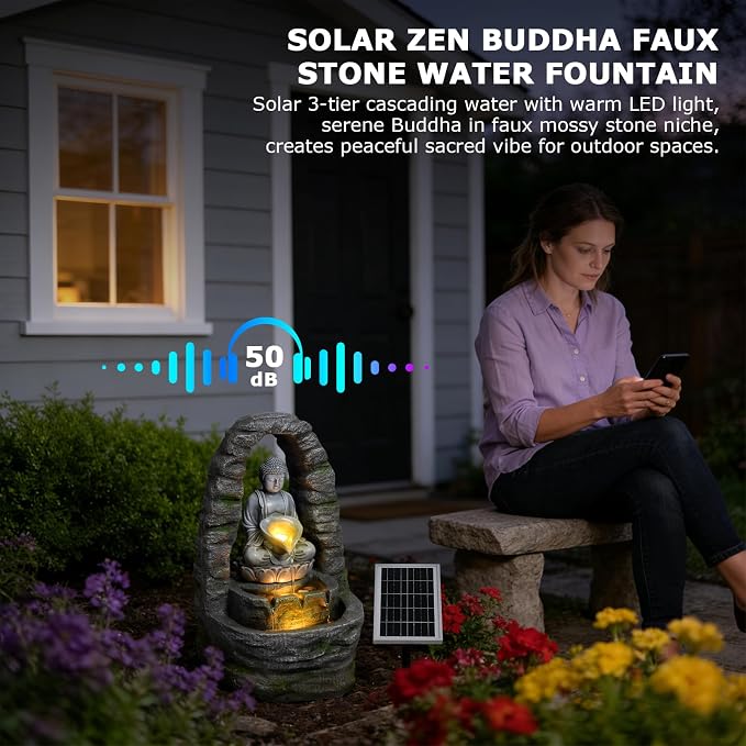 Buddha Solar Water Fountain Outdoor Garden, 27.2" H Cascading Zen Waterfall Solar Power Water Fountain with LED Lights for Backyard, Patio, Porch, Deck, Garden and Home Art Decor