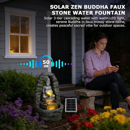 Buddha Solar Water Fountain Outdoor Garden, 27.2" H Cascading Zen Waterfall Solar Power Water Fountain with LED Lights for Backyard, Patio, Porch, Deck, Garden and Home Art Decor