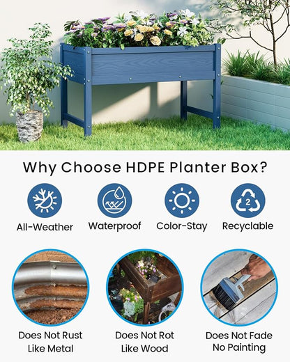 Weatherproof Raised Garden Bed, HDPE Outdoor Elevated Planter Box with Legs, Garden Box, Flower Beds for Patio, Deck, Balcony (Navy Blue)