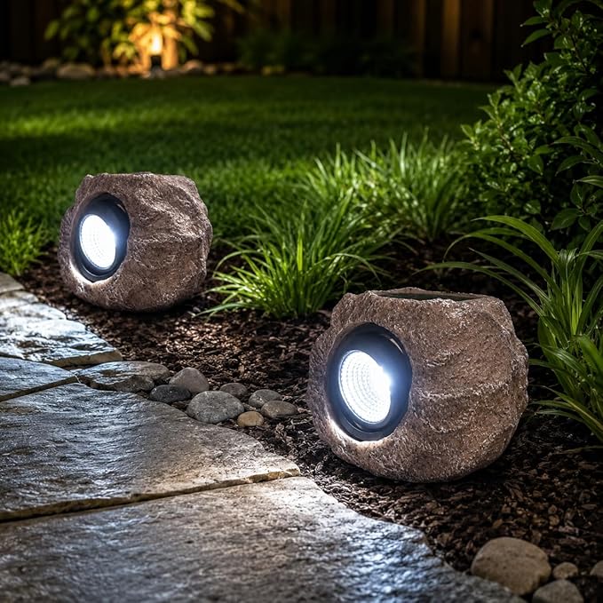Solar Rock Lights Outdoor – 2 Pack Waterproof LED Landscape Garden Spotlights, Realistic Stone Design, Wireless Solar Powered Pathway Lights for Yard, Walkway, Patio & Lawn Decoration (Auto On/Off)