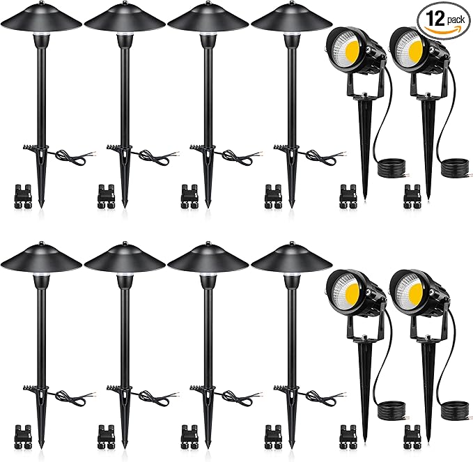 SUNVIE LED Low Voltage Landscape Lighting 12V Landscape Lighting Kit with Connectors, Low Voltage Pathway Lights with Spotlights Aluminum Pathway Lights Wired Waterproof for Patio Yard Garden, 12 Pack
