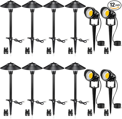 SUNVIE LED Low Voltage Landscape Lighting 12V Landscape Lighting Kit with Connectors, Low Voltage Pathway Lights with Spotlights Aluminum Pathway Lights Wired Waterproof for Patio Yard Garden, 12 Pack