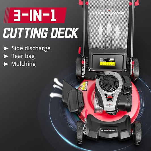 PowerSmart 21" 3-in-1 Gas Push Lawn Mower with 140cc Briggs&Stratton 4-Stroke Engine - Wide Cutting Deck, 6 Height Adjustments, Mulching Capability