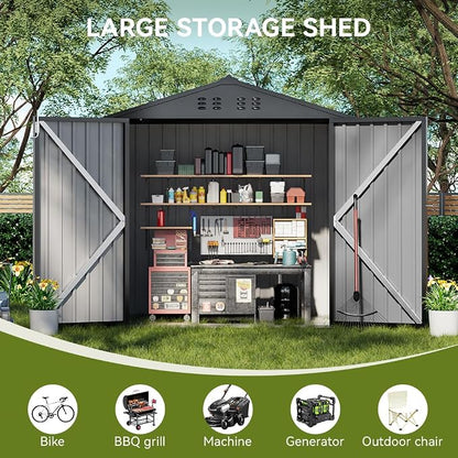 COMHOMA Shed Outdoor Storage Shed Metal,Lockable Doors Tool Sheds with Sloping Roof,Steel Garden Shed with Air Vent for Backyard,Patio,Lawn,Poolside(Grey,8'x6') | Sloping Roof and Air Vent Perfect for Backyard Patio Lawn and Poolside