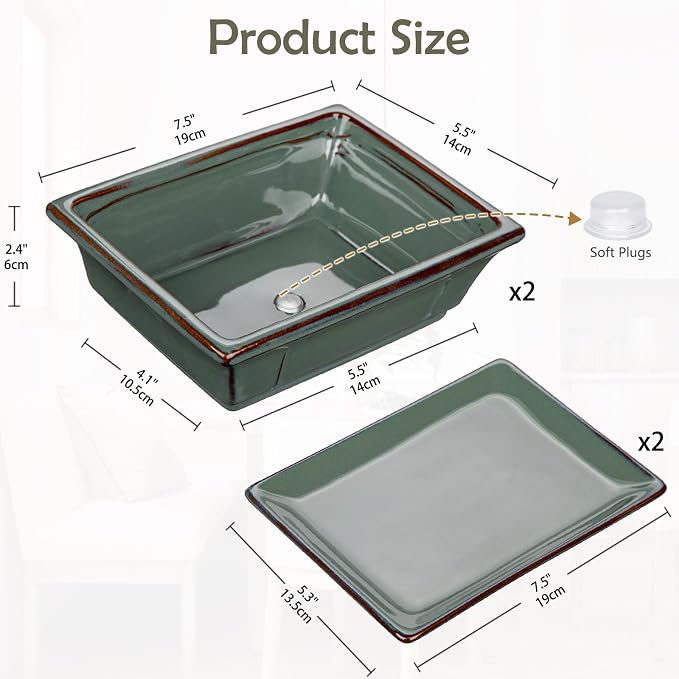 Ceramic Bonsai Pots with Drainage Trays Set of 2, Green Glazed Bonsai Planters for Indoor/Outdoor Use, Rectangular Shallow Bonzai Tree Pot for Succulent, Orchids, Cacti, Home, Patio, Garden, 7.5"x5.5"