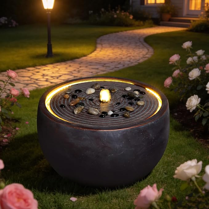 12.2" Outdoor Water Fountain, Modern Round Bowl Ripple Design, Outdoor Freestanding Water Fountain with LED Lights and Pump, Garden Water Feature, Polyresin Stone Finish, Pink Purple