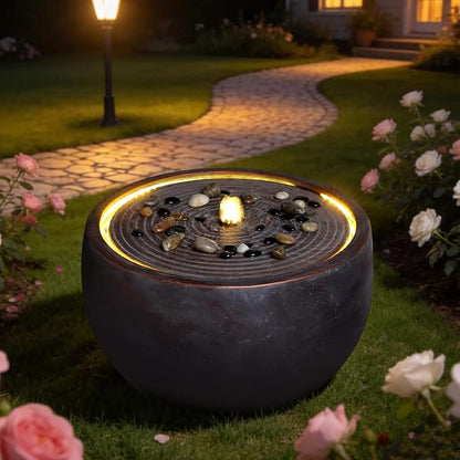 12.2" Outdoor Water Fountain, Modern Round Bowl Ripple Design, Outdoor Freestanding Water Fountain with LED Lights and Pump, Garden Water Feature, Polyresin Stone Finish, Pink Purple