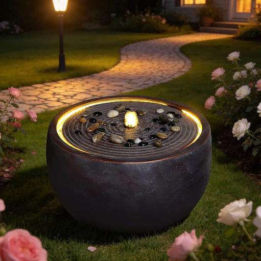 12.2" Outdoor Water Fountain, Modern Round Bowl Ripple Design, Outdoor Freestanding Water Fountain with LED Lights and Pump, Garden Water Feature, Polyresin Stone Finish, Pink Purple