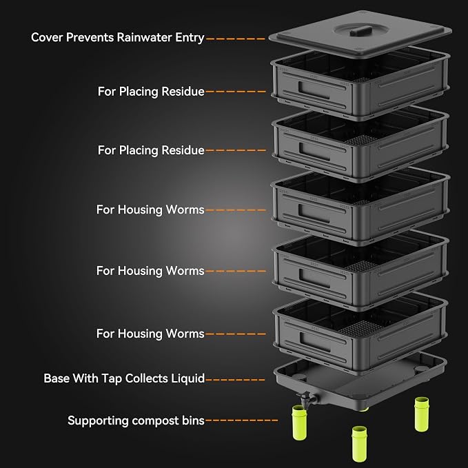 5-Layer Worm Compost Bin, 85L Worm Composter for Indoor & Outdoor, Starter Kits for Vermicomposting Starter, Garden Worm Composting Bin for Recycling Food Waste (Black)