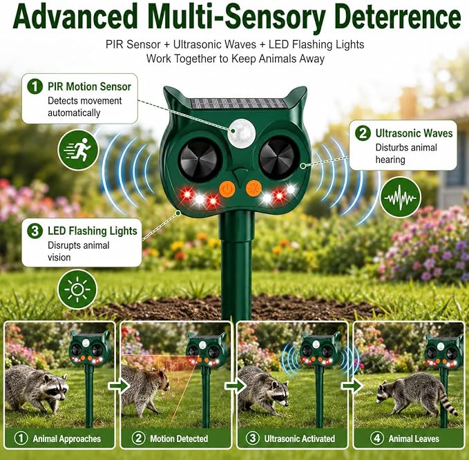 4Pack Solar Animal Repeller Outdoor, Sonic Fortress Pro Deer Repellent | Sensor & LED Flashing Lights, Solar Deer Rabbit Squirrel Raccoon Cat Repellent, IP65 Waterproof Garden Yard Protector