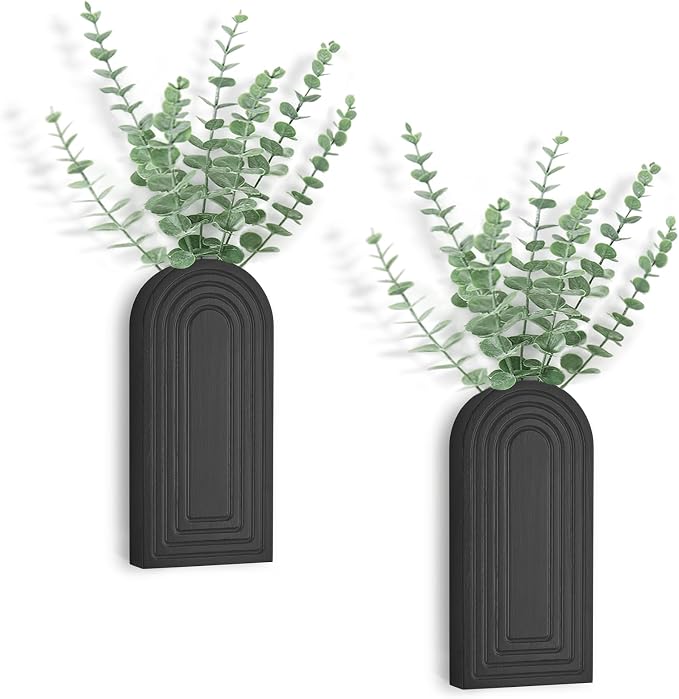 Dahey Wood Wall Planter Vase with Artificial Eucalyptus, 2 Pack Hanging Planter for Indoor Fake Plants Modern Boho Farmhouse Wall Art Decor for Bathroom Bedroom Kitchen Office Home Decoration, Black