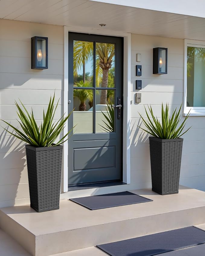 Greesum 24 Inch Tall Plastic Planters with Rattan Texture – Set of 2, Detachable Inner Pot & Drainage Holes, Indoor/Outdoor Decorative Flower Pots for Large Plants, Trees, Patio, and Garden, Black