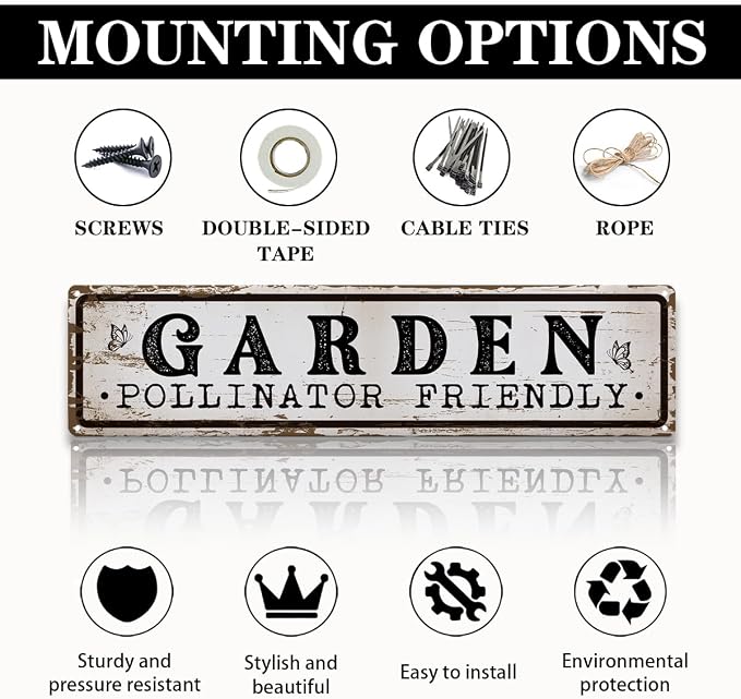 Garden Metal Tin Sign, Vintage Farmhouse Decor, Garden Pollinator Friendly, Gardening Wall Decor for Yard Fence Door Porch, Bee Butterfly Indoor Outdoor Gardens Decoration, 15.7 x 3.9 Inches